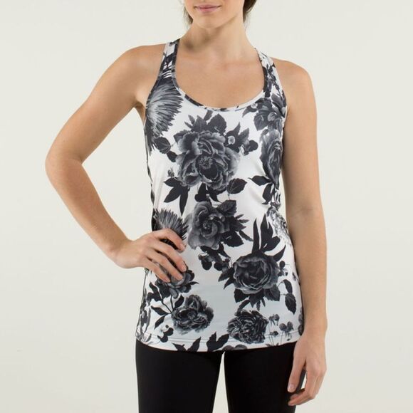 lululemon athletica Tops - Lululemon Cool Racerback Brisk Bloom Black White Rose Floral Tank Top Size 4